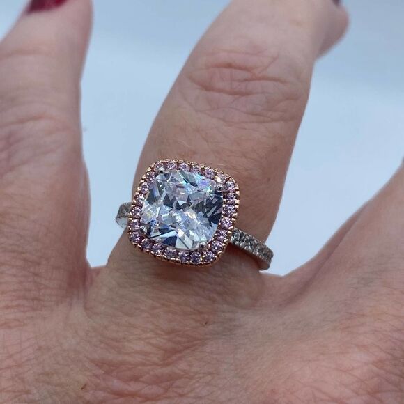 Two Tone Rose Gold Cushion Cut Sterling Silver Ring Size 7 - Picture 7 of 9